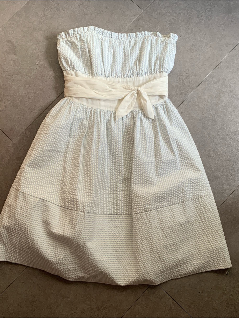 Vintage Betsey Johnson Dress Womens 2 Blue White Seersucker Y2K Strapless Tulle